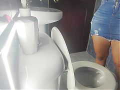 Stepsister Trapped in Public Toilet with Skirt and Sheer